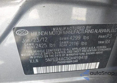 2012 Hyundai Sonata Gls из США, поврежденный, VIN 5NPEB4AC5CH459418